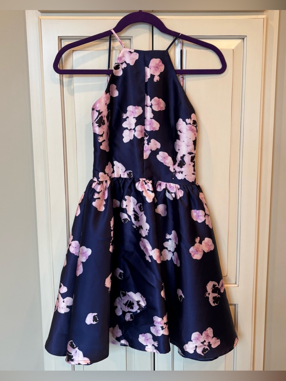 Silky Navy Highneck Semi-formal Dress with Pink Flower Print